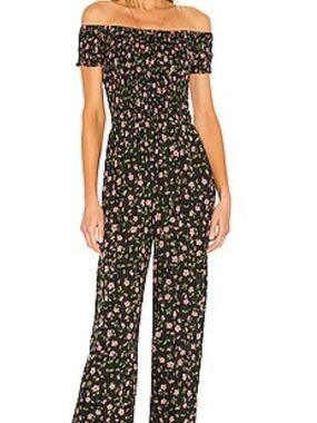Tiare Hawaii Black Floral Off-Shoulder Jumpsuit with Pink Flowers